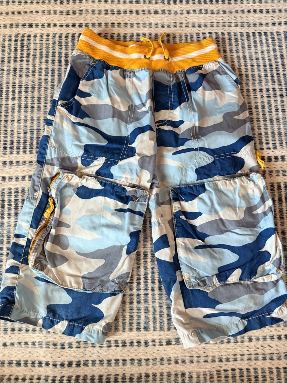 Mini Boden Blue Camo Cargo Shorts with Yellow Waistband